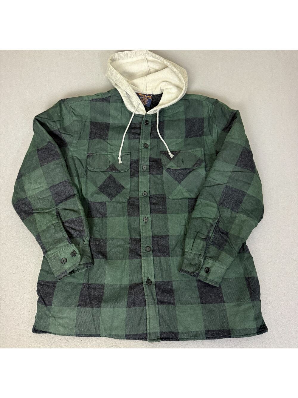 Woodland L Hooded Quilted Flannel Jacket Green Black Buffalo Plaid Shacket
